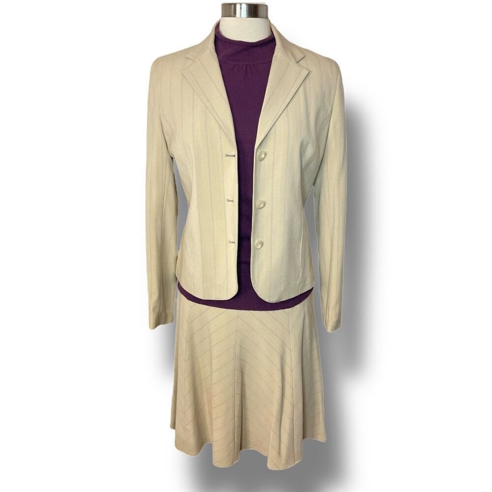 VINTAGE SHARAGANO ATELIER Beige‎ w/ Purple Pinstripe Skirt Suit, Size 8